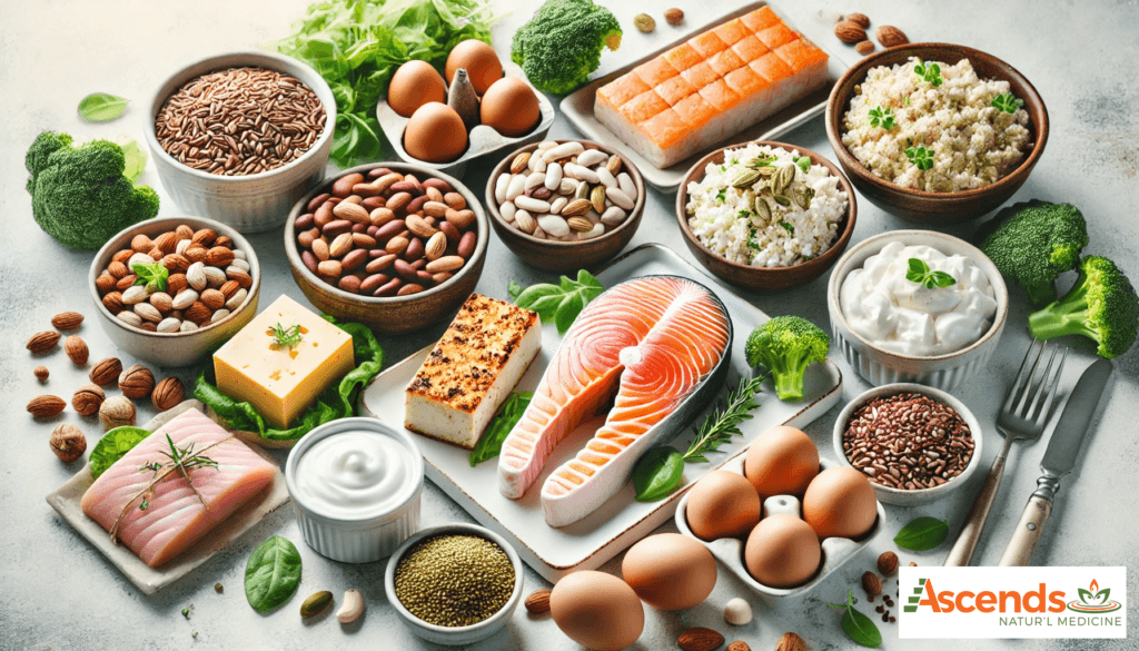 Healthy foods including fish, grains, and vegetables.